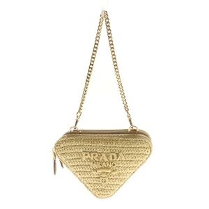PRADA Triangle Crochet Shoulder Bag Chain Beige Woven